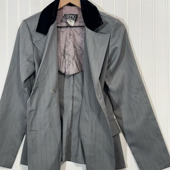 Vintage City Triangles Blazer Women’s 5 Gray Pinstripe Velvet Collar 80s 90s USA - Picture 5 of 10
